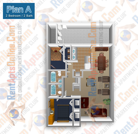 This image is the visual 3D representation of 'Floor Plan A' in Fullerton Townhouse Apartments.