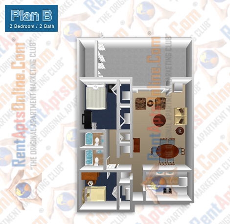 This image is the visual 3D representation of 'Floor Plan B' in Fullerton Townhouse Apartments.
