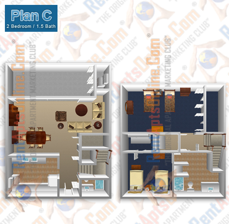 This image is the visual 3D representation of 'Floor Plan C' in Fullerton Townhouse Apartments.