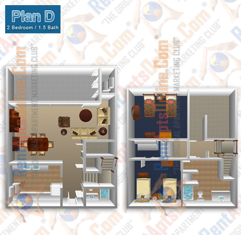 This image is the visual 3D representation of 'Floor Plan D' in Fullerton Townhouse Apartments.